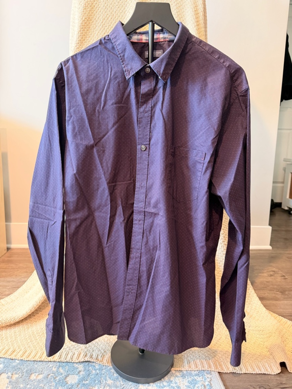 Van Heusen Dark Navy Dot-Pattern Long Sleeve Dress Shirt